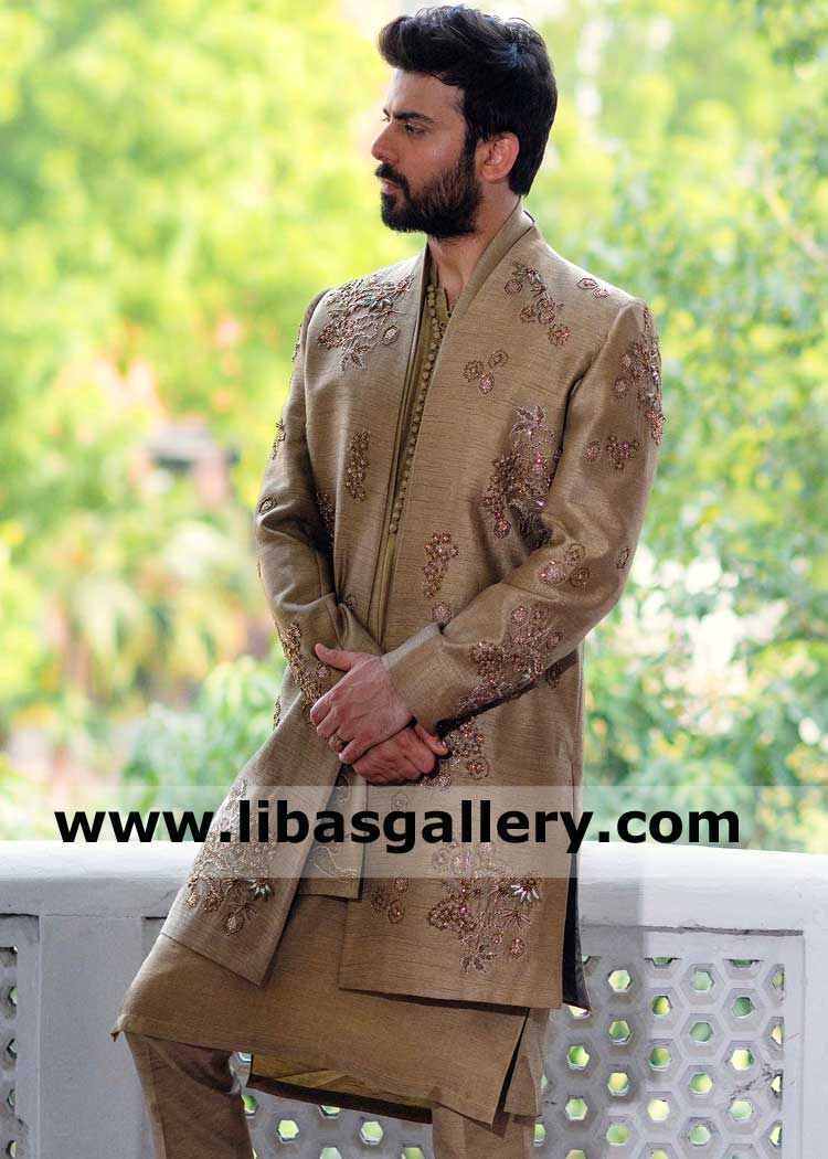 Latest Beige akeem Hand Embellished Wedding Sherwani suit for Men Nikah Barat in raw silk Arizona Tennessee California USA