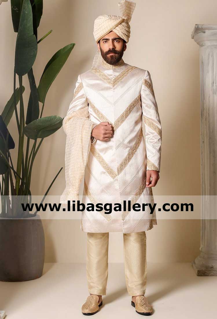 Charismatic Men wedding sherwani suit for Nikah day gold silver embroidery on collar sleeves and front panels buy online Germany France Sweden
