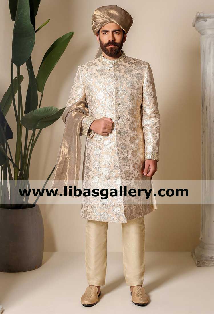 POWDER PINK Kundan ZARI LUXURY EMBOROIDERED SHERWANI and gold turban for Men Nikah barat with inner kurta pajama Alaska Florida USA