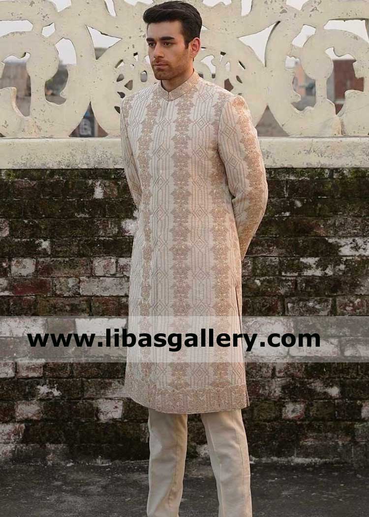 Heavy EMBROIDERED BEIGE SHERWANI for Men with GEOMETRICAL STRIP Pattern Custom Stitching facility fast postage 