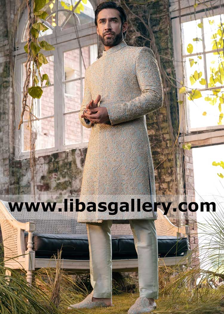 Sage Green Mens Wedding Sherwani Beige Damask Motif With Decay Effect and Hand Embellishments for Wedding day Riyadh Jeddah Makkah MadinaSaudi Arabia 