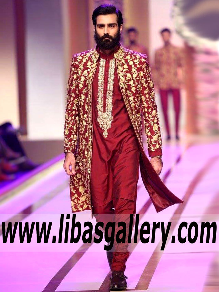 Carmine Color Raw Silk Wedding Sherwani bearded Groom Wearing Brooklyn New york USA Carmine Color Raw Silk Wedding Sherwani bearded Groom Wearing Brooklyn New york USA