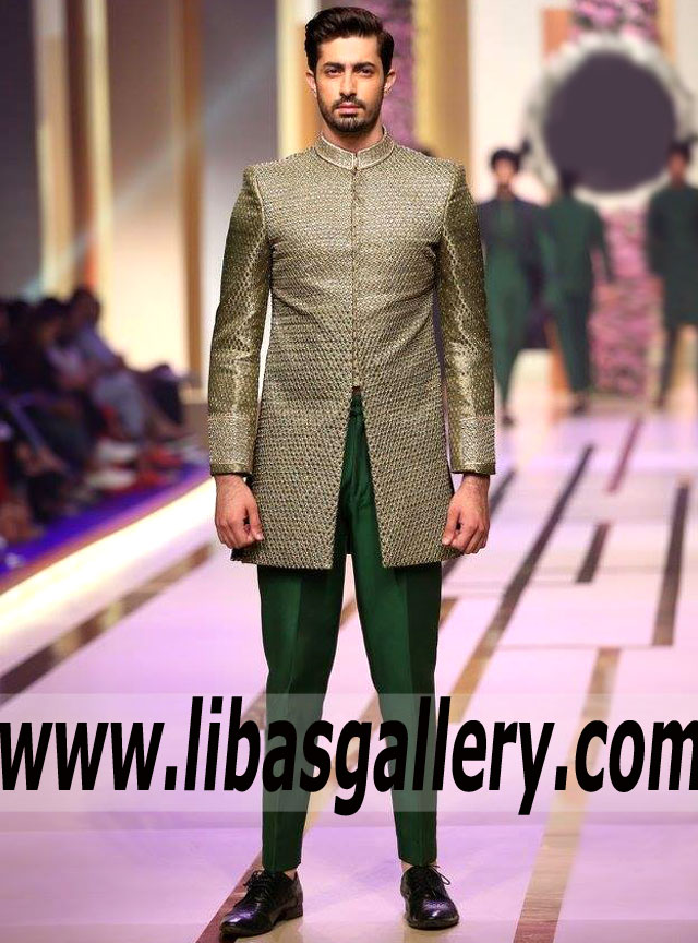 Embroidered Wedding Sherwani Jamawar Groom Walking towards Stage to meet Bride london Southhall UK