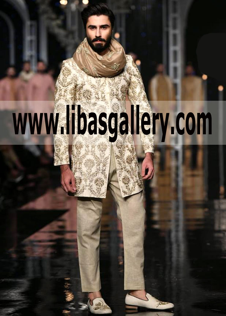 light shade sherwani fair color groom wearing on Nikah Barat Rukhsati day  Southhall Market London UK