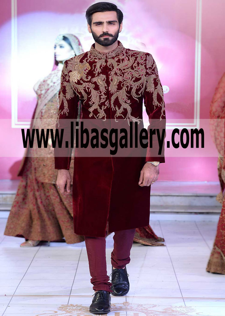 Maroon Velvet Wedding Sherwani custom made Embroidered slim fit Regular Fit UK USA Canada Maroon Velvet Wedding Sherwani custom made Embroidered slim fit Regular Fit UK USA Canada
