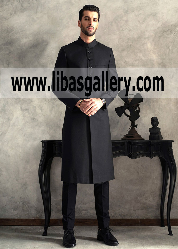 Plain Black Suiting Fabric Sherwani for Men Nikah Rukhsati Wedding Slim fit custom made 2019 UK USA Canada Plain Black Suiting Fabric Sherwani for Men Nikah Rukhsati Wedding Slim fit custom made 2019 UK USA Canada