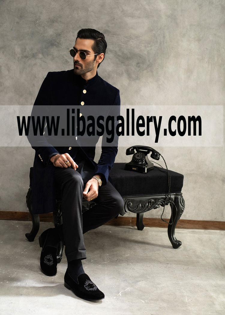Premium Blue matt velvet Short length Wedding Sherwani for Barat Nikah Groom Dulha New York City USA Premium Blue matt velvet Short length Wedding Sherwani for Barat Nikah Groom Dulha New York City USA