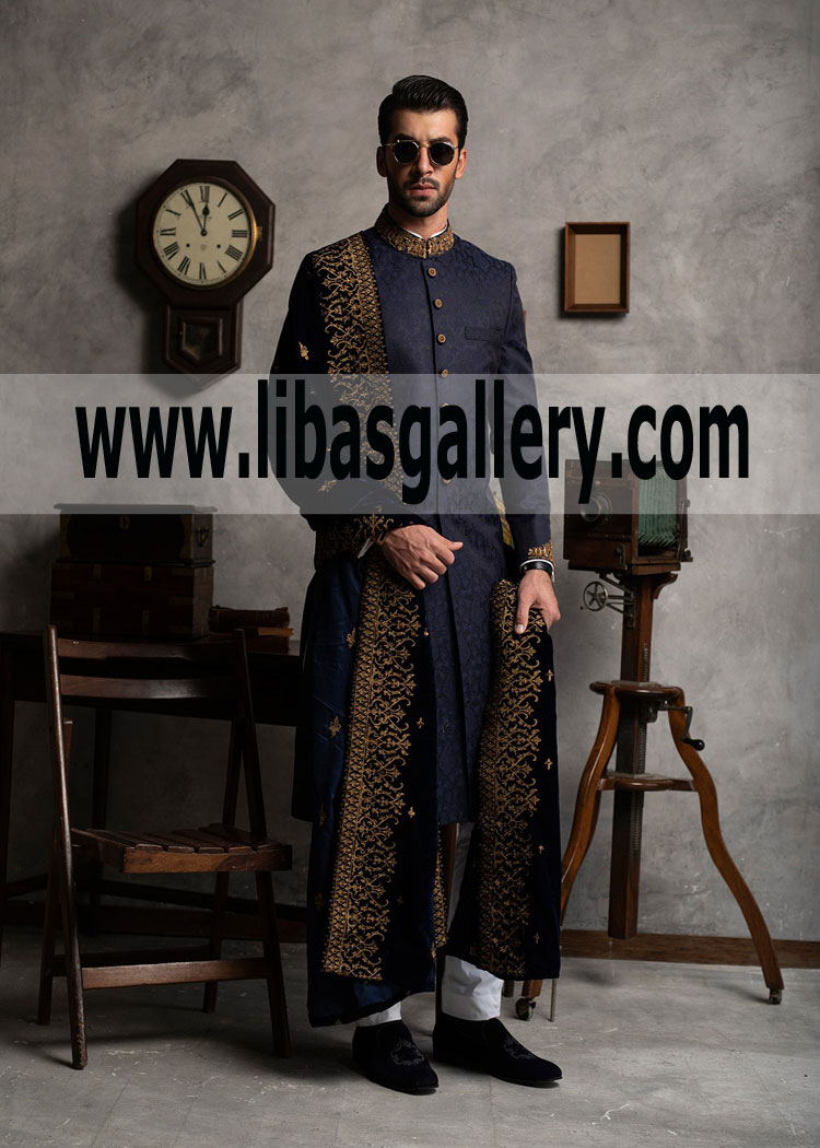 Pakistani Navy Blue Karandi Jamawar Sherwani Groom Dulha choice Winner item Chicago Los Angeles USA Pakistani Navy Blue Karandi Jamawar Sherwani Groom Dulha choice Winner item Chicago Los Angeles USA