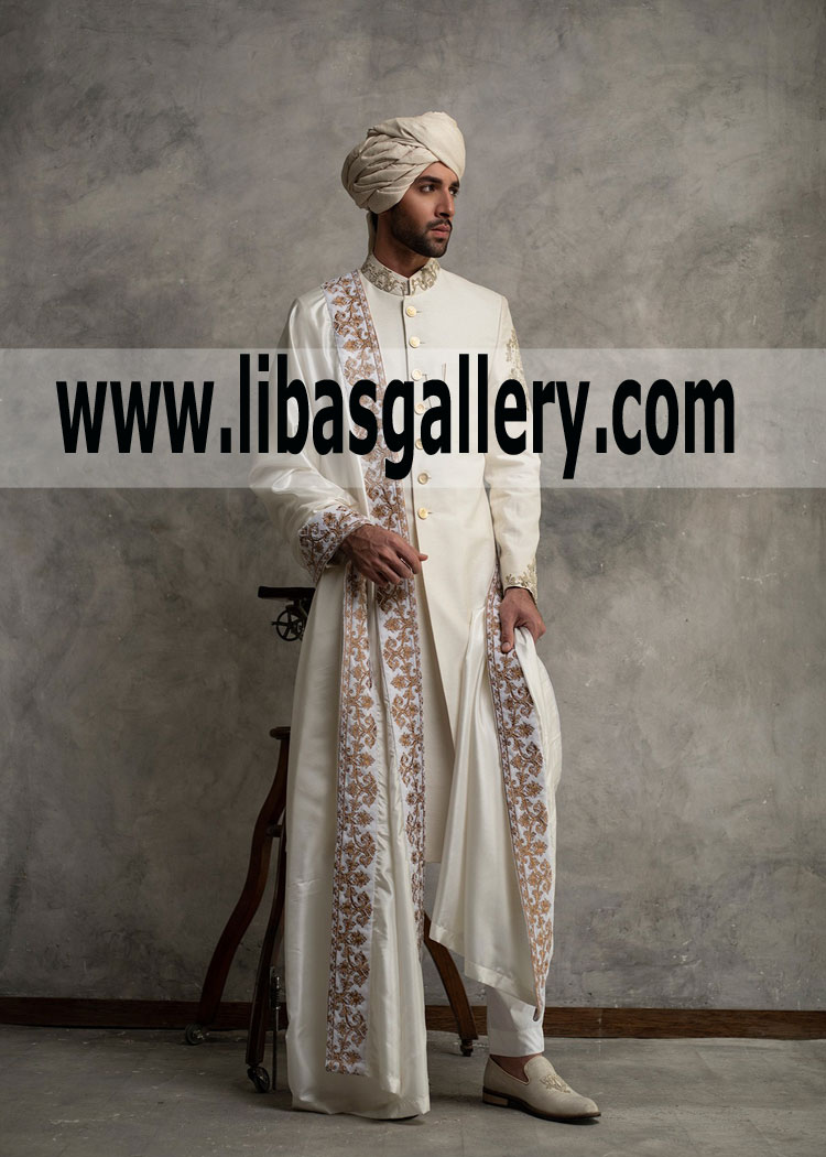 Order your Groom Wedding Sherwani Off white Raw Silk with Short tail Turban Inner UK USA Canada Order your Groom Wedding Sherwani Off white Raw Silk with Short tail Turban Inner UK USA Canada