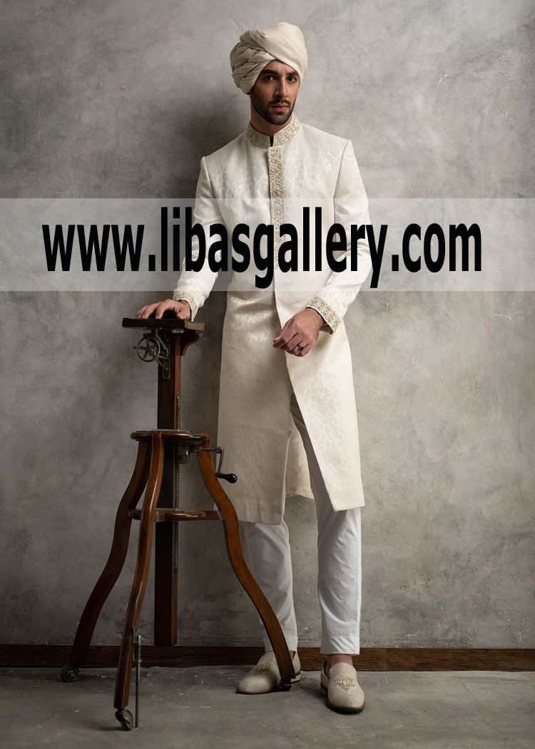 Shy Pakistani Groom Wearing Karandi Jamawar Sherwani Turban Zardozi work Collar front Cuff Perth Sydney Australia Shy Pakistani Groom Wearing Karandi Jamawar Sherwani Turban Zardozi work Collar front Cuff Perth Sydney Australia