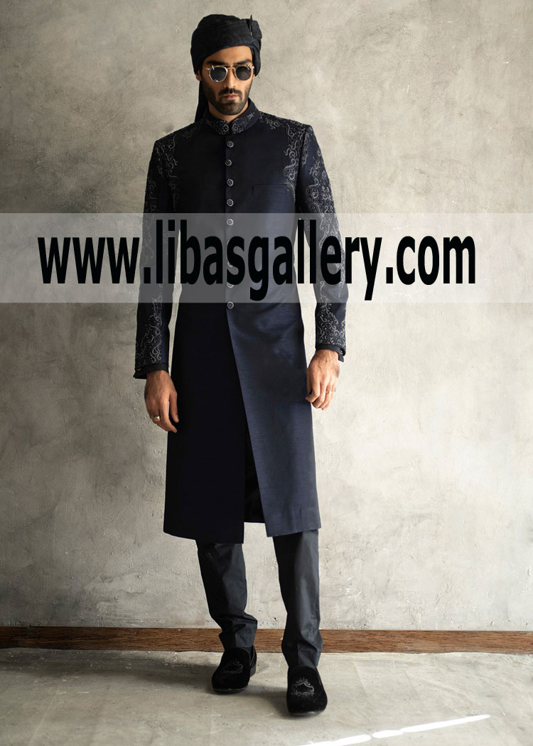 Buy hand crafted antique buttons navy blue raw silk groom sherwani Professional Tailor Stitching Walnut Street Philadelphia Texas USA Buy hand crafted antique buttons navy blue raw silk groom sherwani Professional Tailor Stitching Walnut Street Philadelphia Texas USA