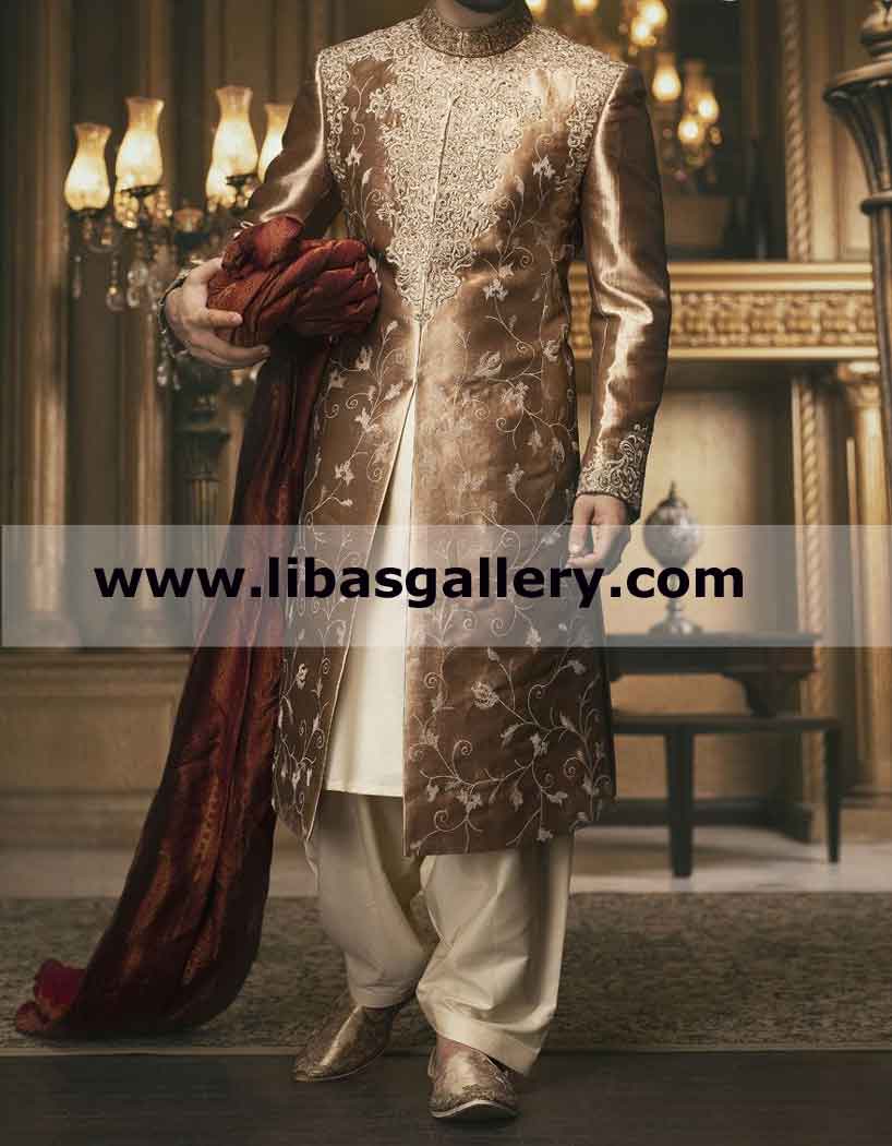 Gold zari organza Embellished Wedding Sherwani for Groom Nikah Barat long length with inner UK USA Canada Gold zari organza Embellished Wedding Sherwani for Groom Nikah Barat long length with inner UK USA Canada