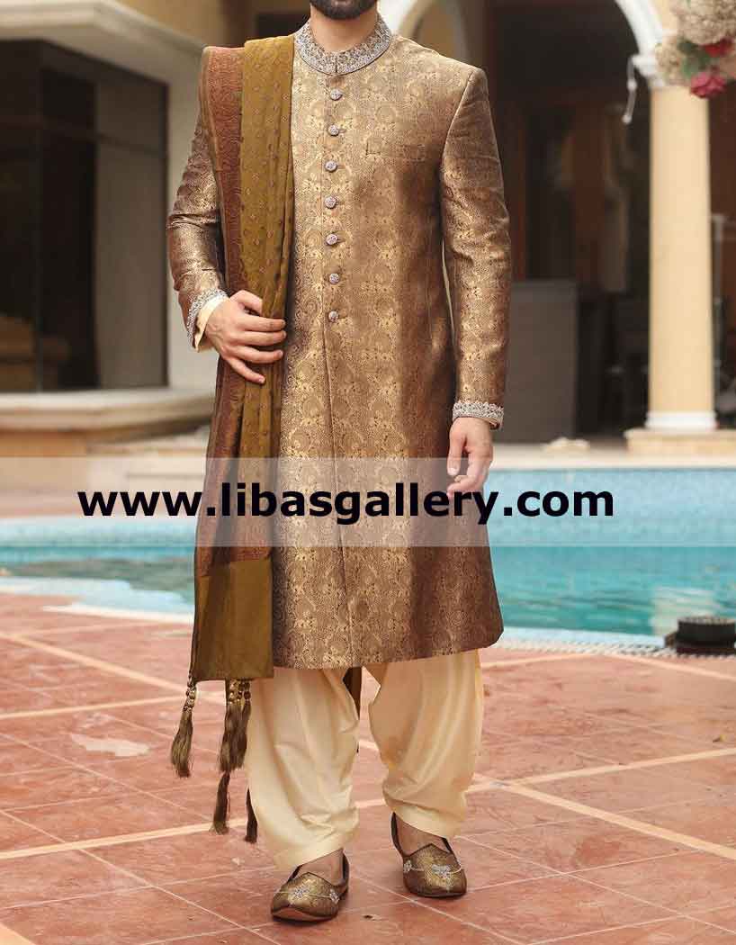Jamawar Wedding Sherwani Groom demands Silver Zardozi work on Collar Cuff England Scotland Ireland UK Jamawar Wedding Sherwani Groom demands Silver Zardozi work on Collar Cuff England Scotland Ireland UK