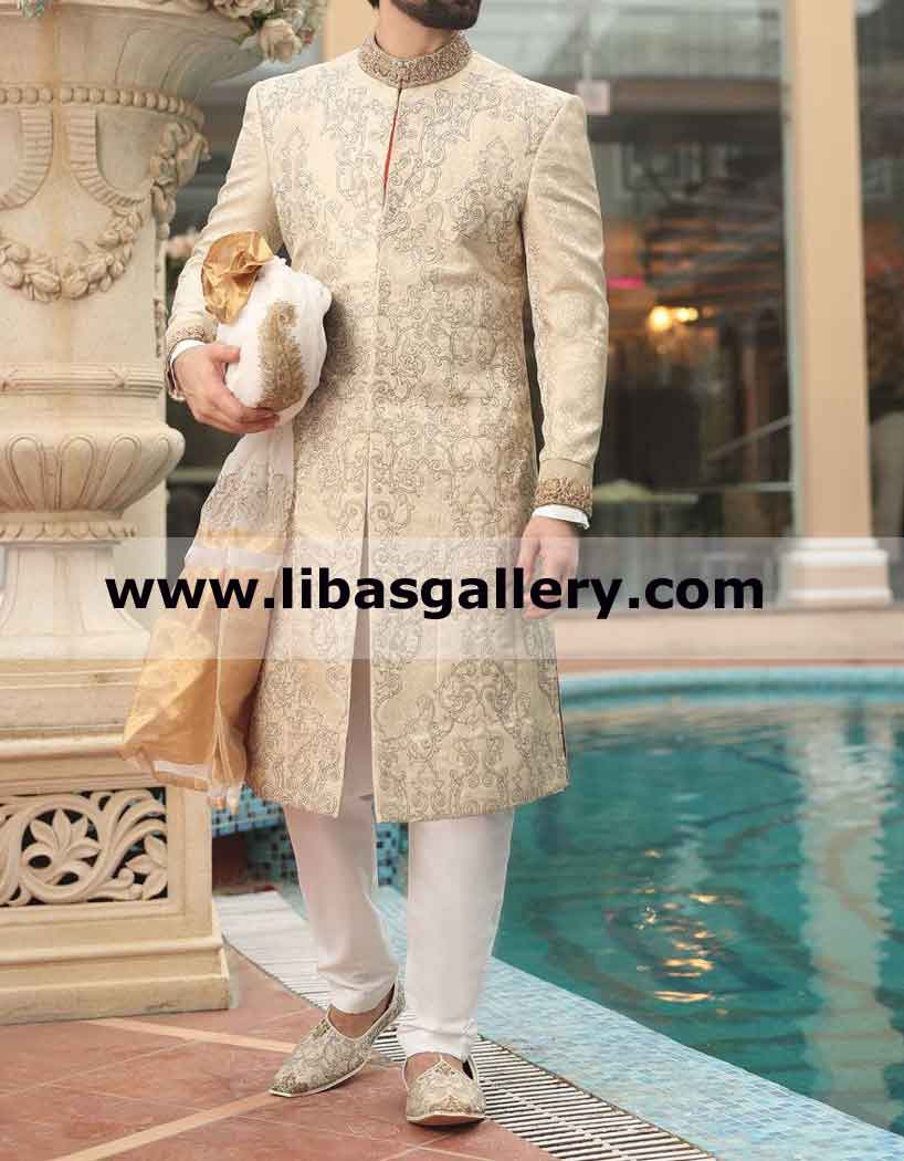 White Turban beige Sherwani Jamawar Banarsi for Barat Nikah Rukhsati super fit size custom made Sharjah Dubai UAE White Turban beige Sherwani Jamawar Banarsi for Barat Nikah Rukhsati super fit size custom made Sharjah Dubai UAE