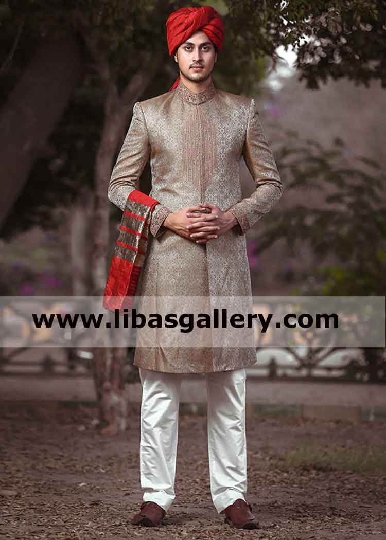 Amazing price of Wedding sherwani for groom in beige color jamawar Pakistan india USA Amazing price of Wedding sherwani for groom in beige color jamawar Pakistan india USA