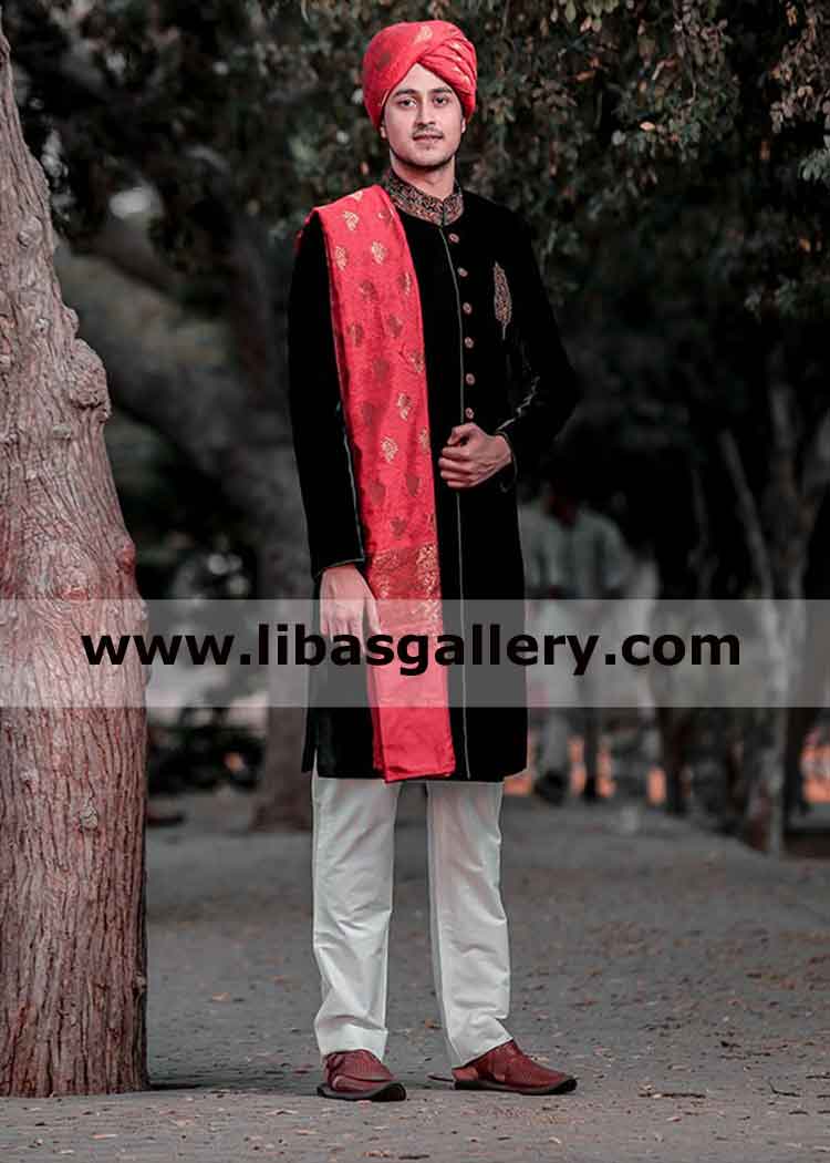 Velvet embellished Zardozi work Sherwani Groom waiting for bride After Nikah UK USA Canada Velvet embellished Zardozi work Sherwani Groom waiting for bride After Nikah UK USA Canada
