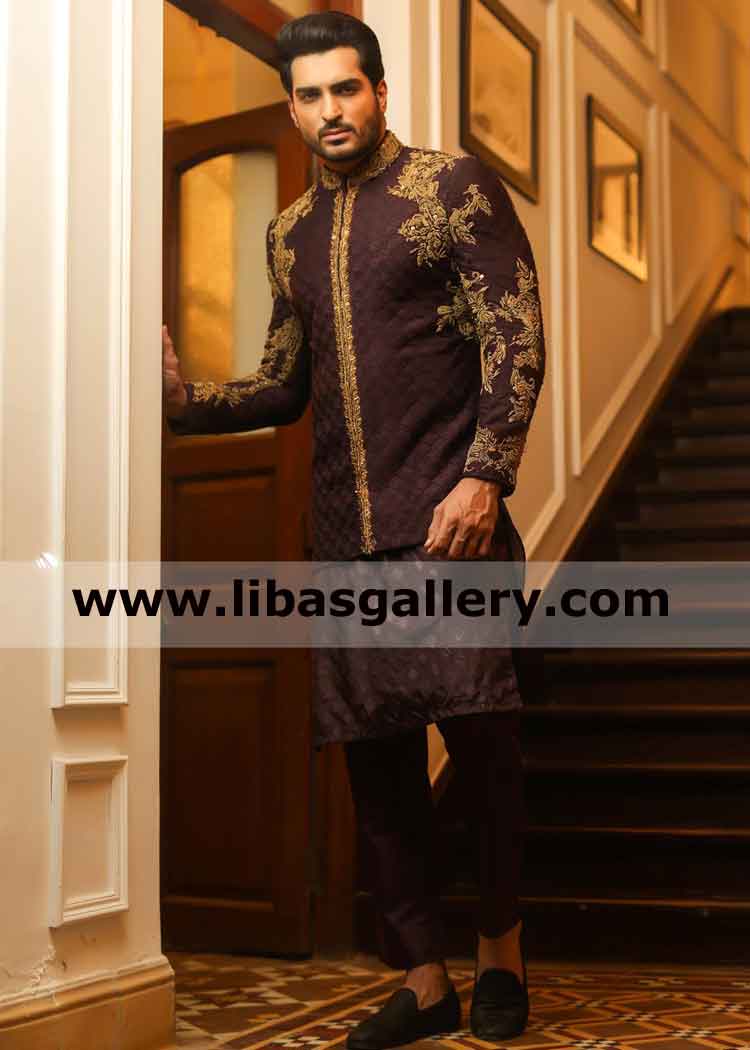 Gold color hand work on Groom Wedding prince coat Collar front arms Dubai Abu Dhabi Sharjah UAE Gold color hand work on Groom Wedding prince coat Collar front arms Dubai Abu Dhabi Sharjah UAE