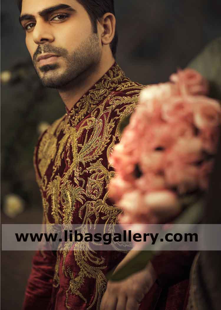 Velvet maroon sherwani for tall business man groom for nikah barat UK USA Canada Velvet maroon sherwani for tall business man groom for nikah barat UK USA Canada