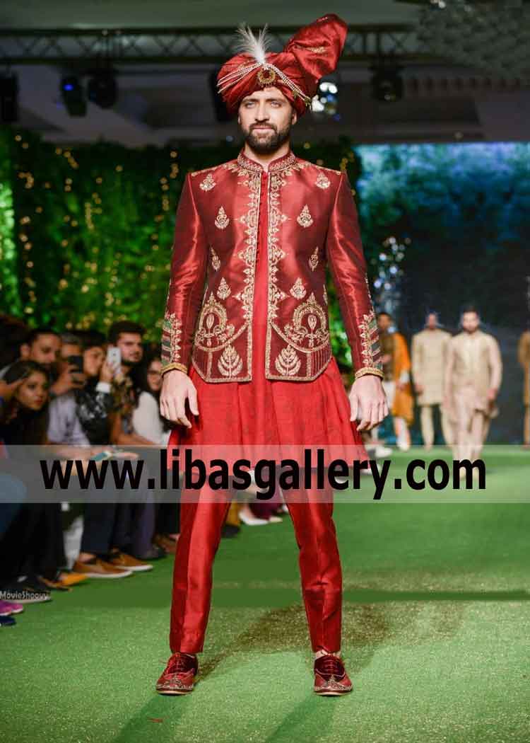 Red Velvet Embellished Sherwani for Groom fancy hand work for Winter Season Wedding  2019 UK USA Canada Australia Dubai