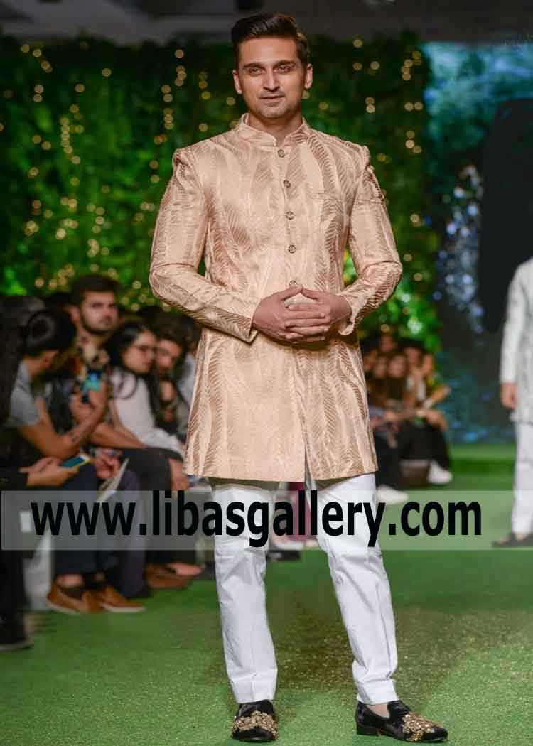 Short length Slim fit Groom Wedding Sherwani in jamawar banarsi fabric for Nikah Shadi Southhall London UK