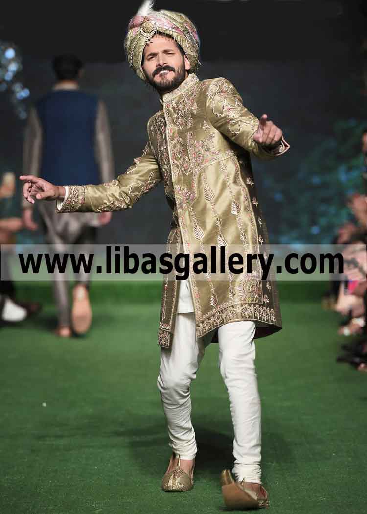 Happy Groom Dulha wearing Pakistani Royal Style Wedding Sherwani with Turban matching khussa  Jeddah Riyadh Saudi Arabia