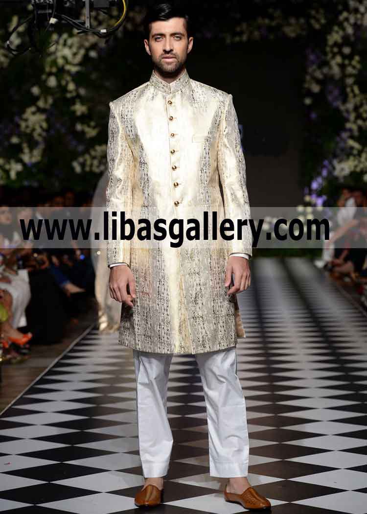 Rich Groom wearing Pakistani Designer Wedding Sherwani in Jamawar Banarsi pure royal fabric UK USA Canada Australia Dubai Rich Groom wearing Pakistani Designer Wedding Sherwani in Jamawar Banarsi pure royal fabric UK USA Canada Australia Dubai