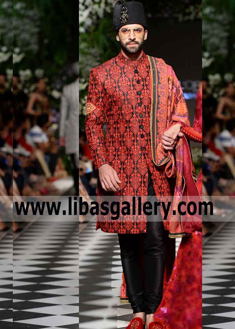 Black wedding sherwani for men embroidered and nice hand work motifs on sleeves Saudi Arabia Jeddah Riyadh Dammam Black wedding sherwani for men embroidered and nice hand work motifs on sleeves Saudi Arabia Jeddah Riyadh Dammam