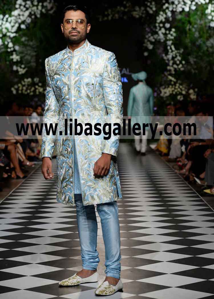 Sky blue full embroidered wedding sherwani for nikah and shadi for dulha length upper knee with inner suit Dallas Texas US Sky blue full embroidered wedding sherwani for nikah and shadi for dulha length upper knee with inner suit Dallas Texas US