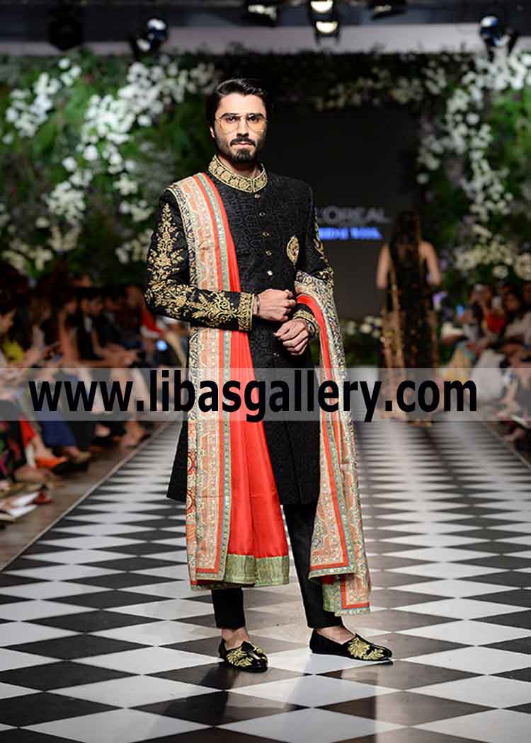 Black gold hand embellished Groom Wedding Sherwani gold work on collar and sleeves Best price Chicago Illinois USA Black gold hand embellished Groom Wedding Sherwani gold work on collar and sleeves Best price Chicago Illinois USA