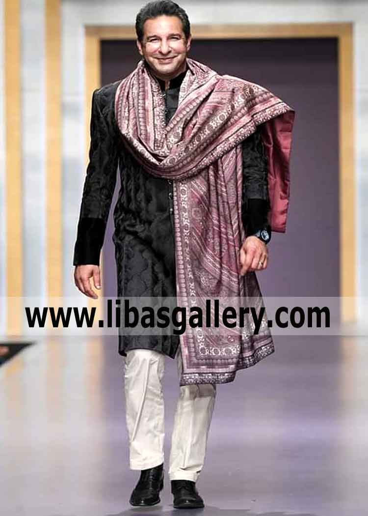 Black Embroidered sherwani velvet sleeves Wasim Akram Cricketer FPW in happy mood UK USA Canada Australia Dubai Black Embroidered sherwani velvet sleeves Wasim Akram Cricketer FPW in happy mood UK USA Canada Australia Dubai