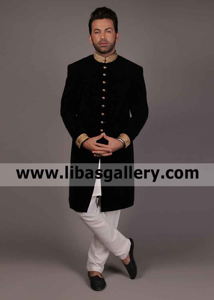 Velvet Black Nikah Wedding Sherwani Collar and Cuff nicely Embroidered Muslim Groom Wear 2019 2020 UK USA Canada Australia Dubai Velvet Black Nikah Wedding Sherwani Collar and Cuff nicely Embroidered Muslim Groom Wear 2019 2020 UK USA Canada Australia Dubai