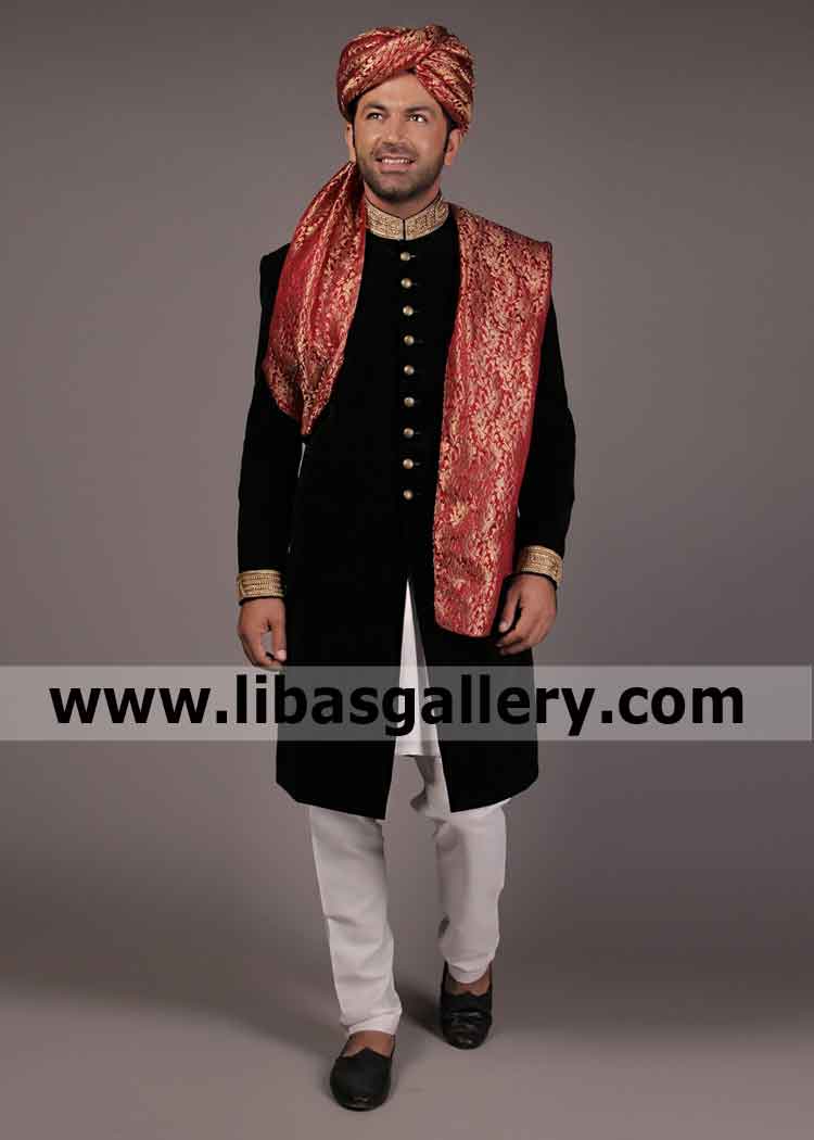 Elegant Velvet sherwani rich quality hand embellishments on collar sleeves suitable for Nikah Barat New york California USA Elegant Velvet sherwani rich quality hand embellishments on collar sleeves suitable for Nikah Barat New york California USA