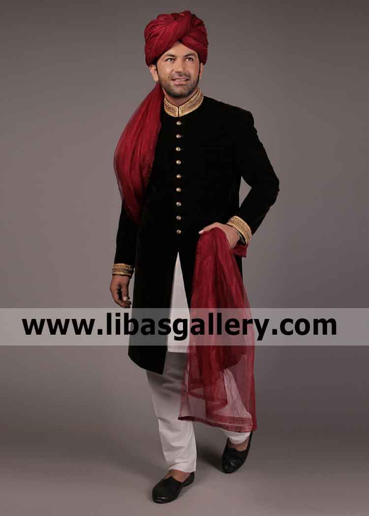 Velvet Barat Nikah Sherwani upper knee length well stitched for typical type Groom Dulha sugarland California Washington USA Velvet Barat Nikah Sherwani upper knee length well stitched for typical type Groom Dulha sugarland California Washington USA