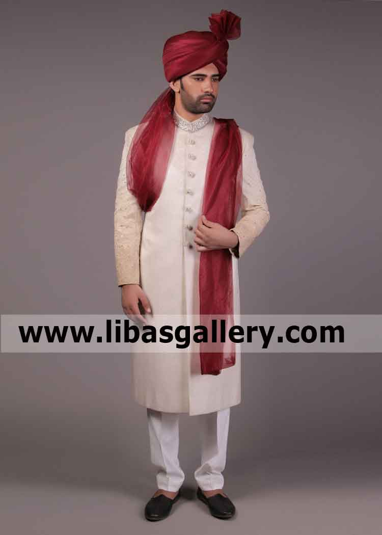 Special price for Groom Sherwani Complete wedding pakage with turban and matching khussa order online worldwide fast delivery Special price for Groom Sherwani Complete wedding pakage with turban and matching khussa order online worldwide fast delivery