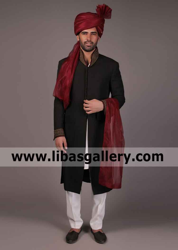 Black Raw silk High neck type collar wedding sherwani for son and father in law share ethical moments on nikah Pakistan india Bangladesh Black Raw silk High neck type collar wedding sherwani for son and father in law share ethical moments on nikah Pakistan india Bangladesh