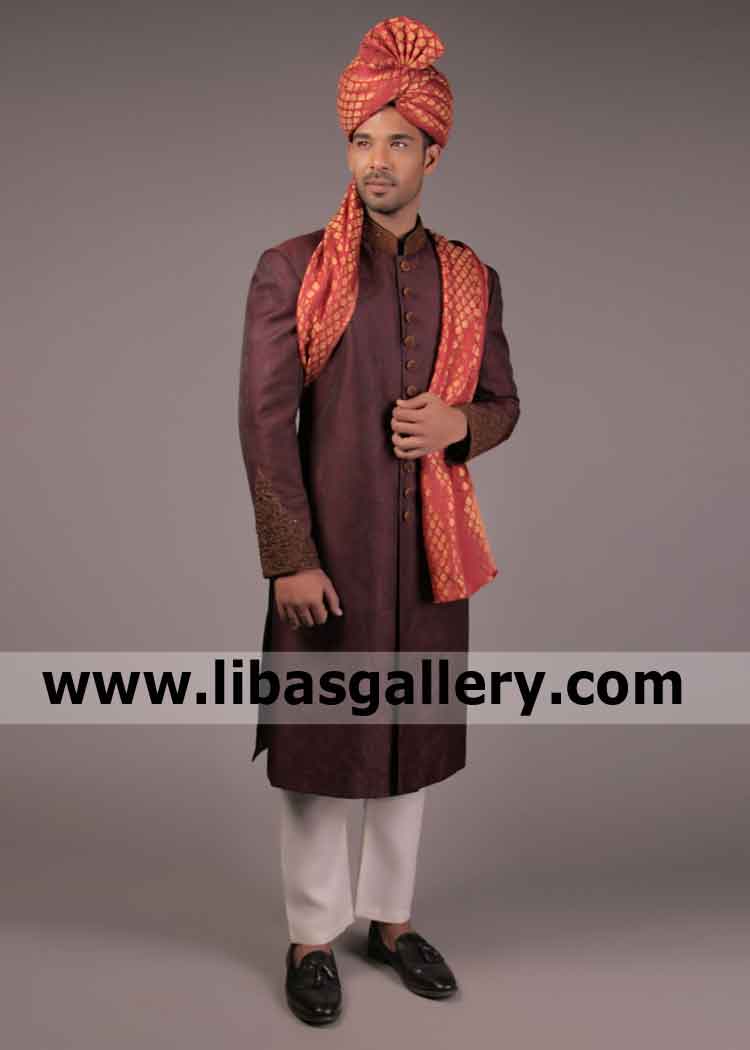 Cordovan Color self Jamawar Collar sleeves Embellished Wedding Sherwani for Groom discounted price Jeddah Riyadh Dammam Saudi Arabia Cordovan Color self Jamawar Collar sleeves Embellished Wedding Sherwani for Groom discounted price Jeddah Riyadh Dammam Saudi Arabia