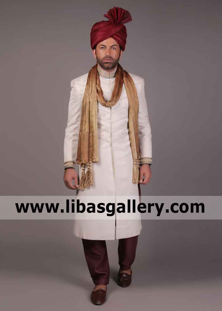 Custom made off white wedding sherwani for Dulha complimented with collar and cuff hand work beautiful wood bridge Virginia USA Custom made off white wedding sherwani for Dulha complimented with collar and cuff hand work beautiful wood bridge Virginia USA