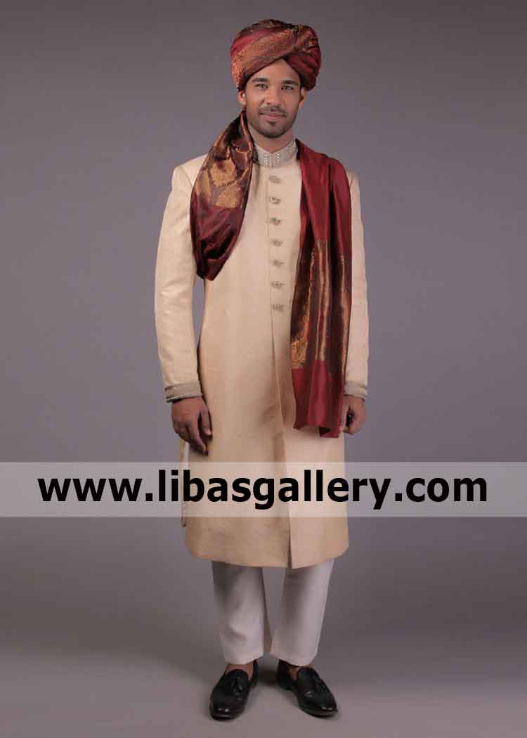Buy Apricot Color Groom Nikah Barat Sherwani Raw silk Jamawar Fabric complete shop stitched Sherwani perth Sydney Australia Buy Apricot Color Groom Nikah Barat Sherwani Raw silk Jamawar Fabric complete shop stitched Sherwani perth Sydney Australia