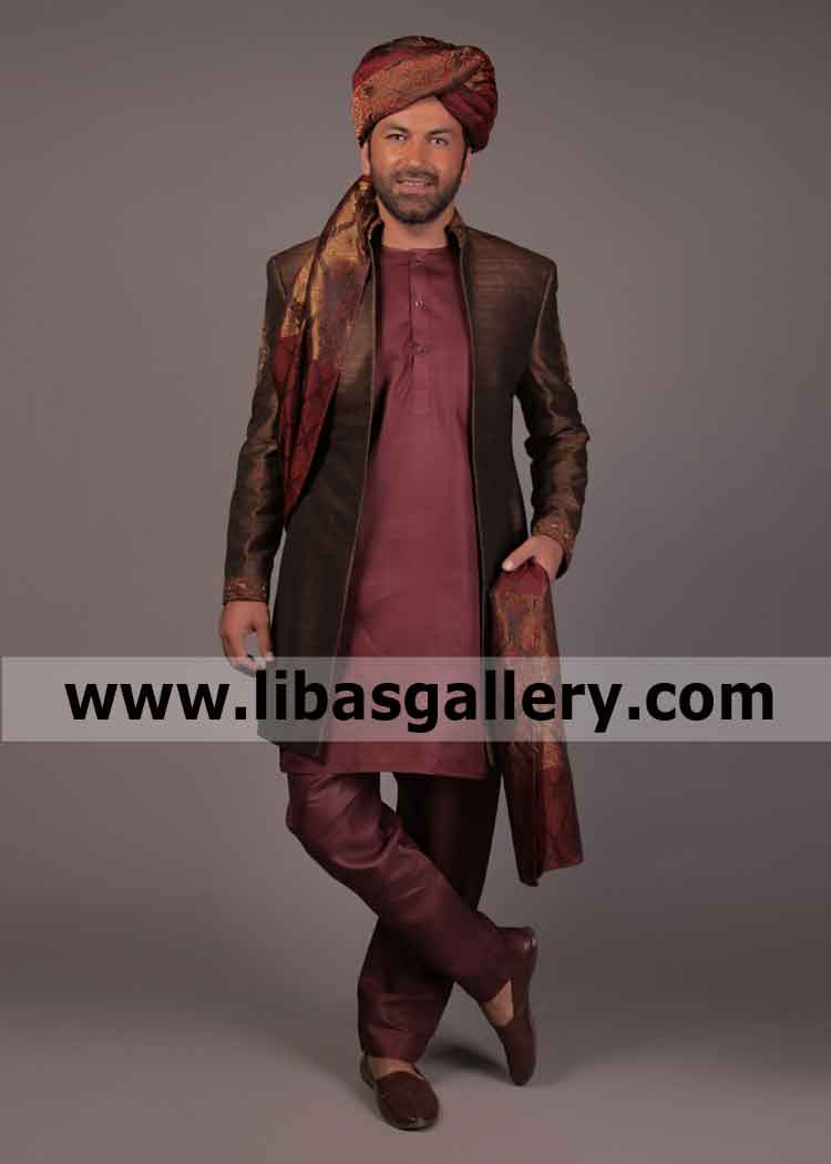 Bistre Color Raw silk latest wedding sherwani order online for winter wedding 2020 custom made Glasgow Edinburgh Scotland Bistre Color Raw silk latest wedding sherwani order online for winter wedding 2020 custom made Glasgow Edinburgh Scotland