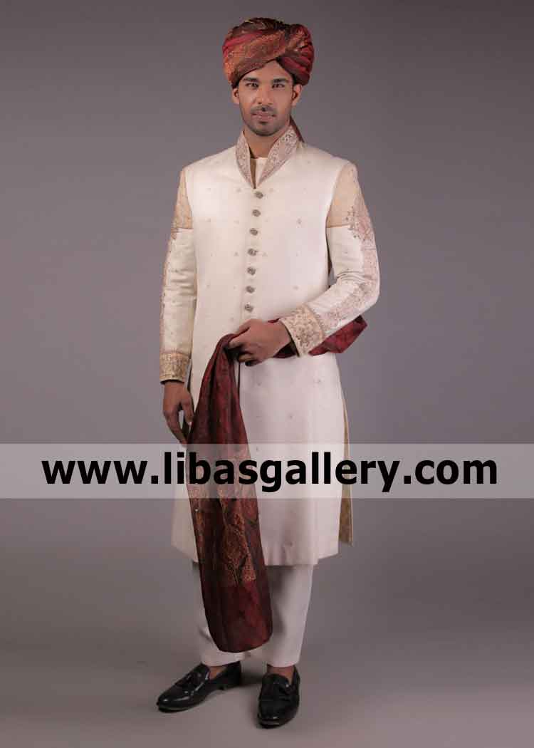 Best Seller Embellished Groom Sherwani with long tail pre tied turban and khussa shop online any time UK USA Canada Australia Dubai Best Seller Embellished Groom Sherwani with long tail pre tied turban and khussa shop online any time UK USA Canada Australia Dubai