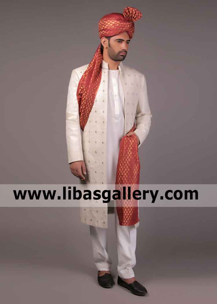 Almond Self jamawar Groom Sherwani for a Complete Men ready to meet his bride New Zealand Auckland Wellington Christchurch Almond Self jamawar Groom Sherwani for a Complete Men ready to meet his bride New Zealand Auckland Wellington Christchurch