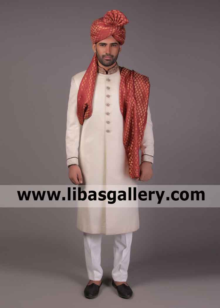 Custom made zardozi hand work wedding sherwani off white fast delivery worldwide turban khussa shop online Auckland New Zealand Custom made zardozi hand work wedding sherwani off white fast delivery worldwide turban khussa shop online Auckland New Zealand