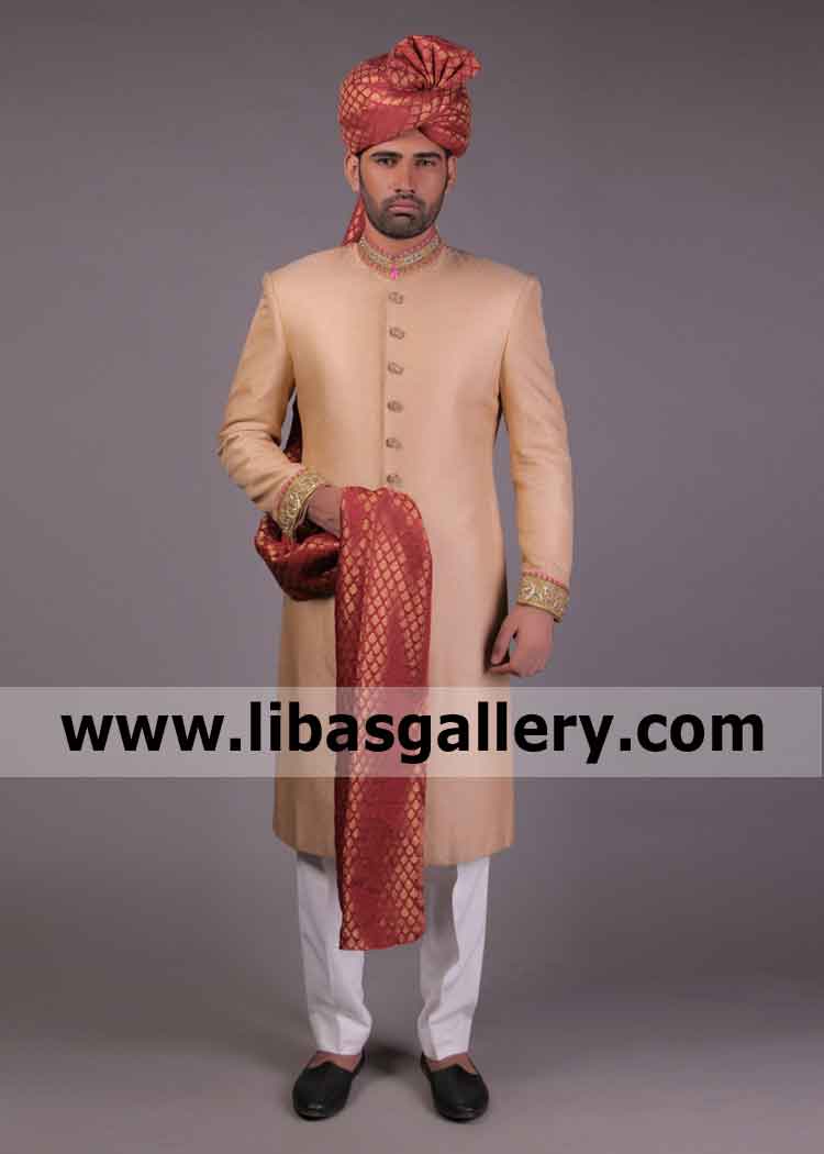 Sherwani of the year 2019 Apricot hand work marriage day jacket for groom regular and slim fit New york Los Angeles Chicago USA Sherwani of the year 2019 Apricot hand work marriage day jacket for groom regular and slim fit New york Los Angeles Chicago USA