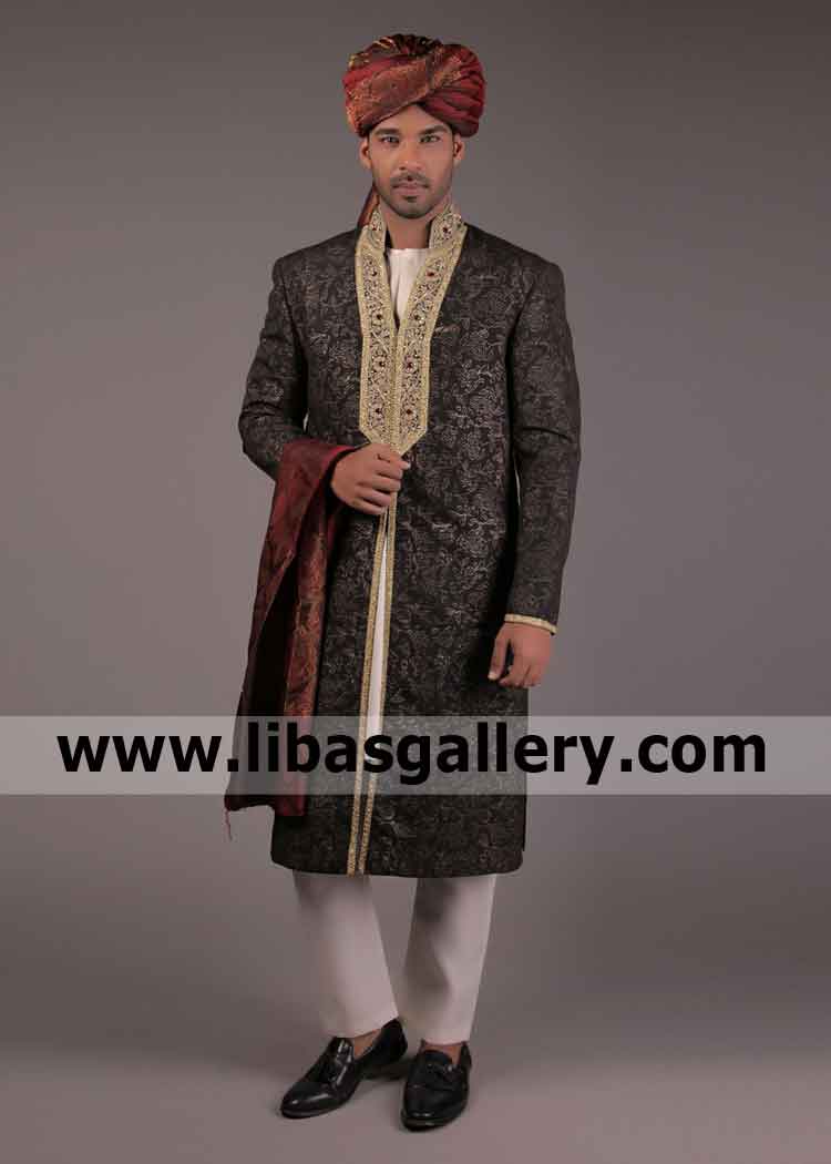Black Screen Print Embroidered Wedding Sherwani for Groom for Exciting Nikah Barat day UK USA Canada Australia Dubai Black Screen Print Embroidered Wedding Sherwani for Groom for Exciting Nikah Barat day UK USA Canada Australia Dubai