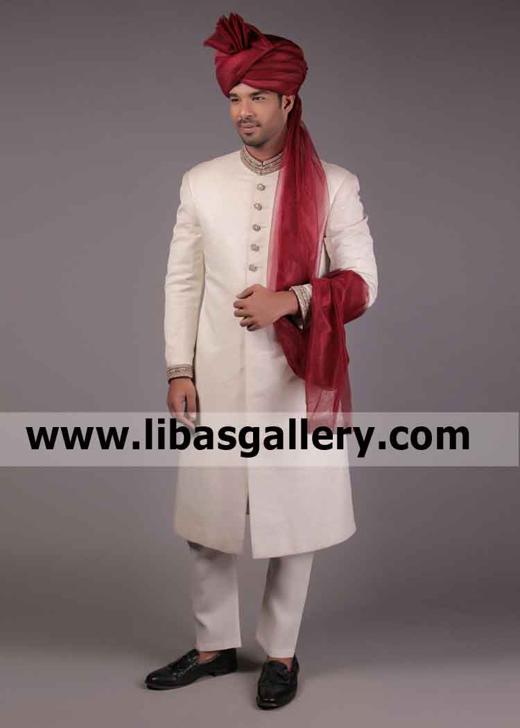 Royal Off white self jamawar Groom sherwani Cuff and Collar Zardozi work Inner suit included Sheffield Bradford UK Royal Off white self jamawar Groom sherwani Cuff and Collar Zardozi work Inner suit included Sheffield Bradford UK