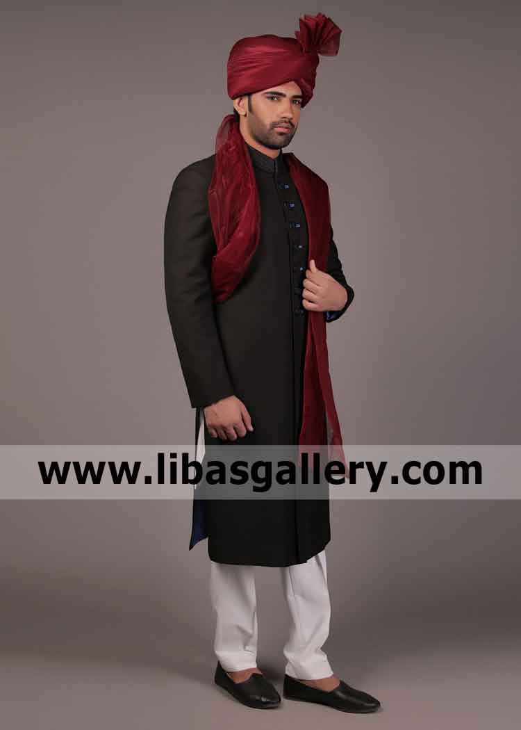 Serious Class Groom Wears PC Suiting Fabric Black Sherwani on all Occasions Sydney Melbourne Adelaide Australia Serious Class Groom Wears PC Suiting Fabric Black Sherwani on all Occasions Sydney Melbourne Adelaide Australia