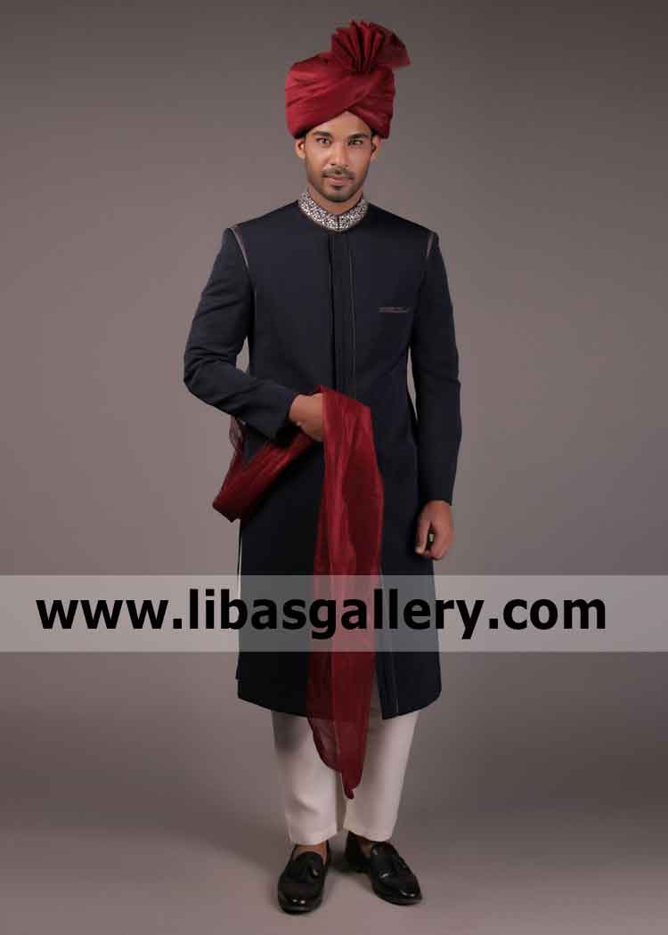 Collar Embellished Black Suiting Fabric Gents Sherwani for Groom Enjoy happy life with bride Phoenix Knasas City USA Collar Embellished Black Suiting Fabric Gents Sherwani for Groom Enjoy happy life with bride Phoenix Knasas City USA