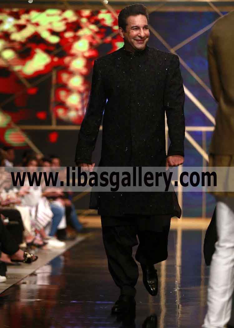 Jet Black Embroidered Groom Wedding Sherwani Cricketer Wasim Akram Wearing PHBCW 2019 UK USA Canada Australia Dubai Jet Black Embroidered Groom Wedding Sherwani Cricketer Wasim Akram Wearing PHBCW 2019 UK USA Canada Australia Dubai