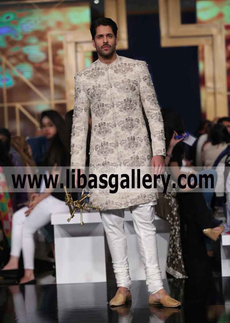 Short length Embroidered off white Groom Fantastic Wedding jacket in Jamawar Fabric UK USA Canada Australia Dubai Short length Embroidered off white Groom Fantastic Wedding jacket in Jamawar Fabric UK USA Canada Australia Dubai