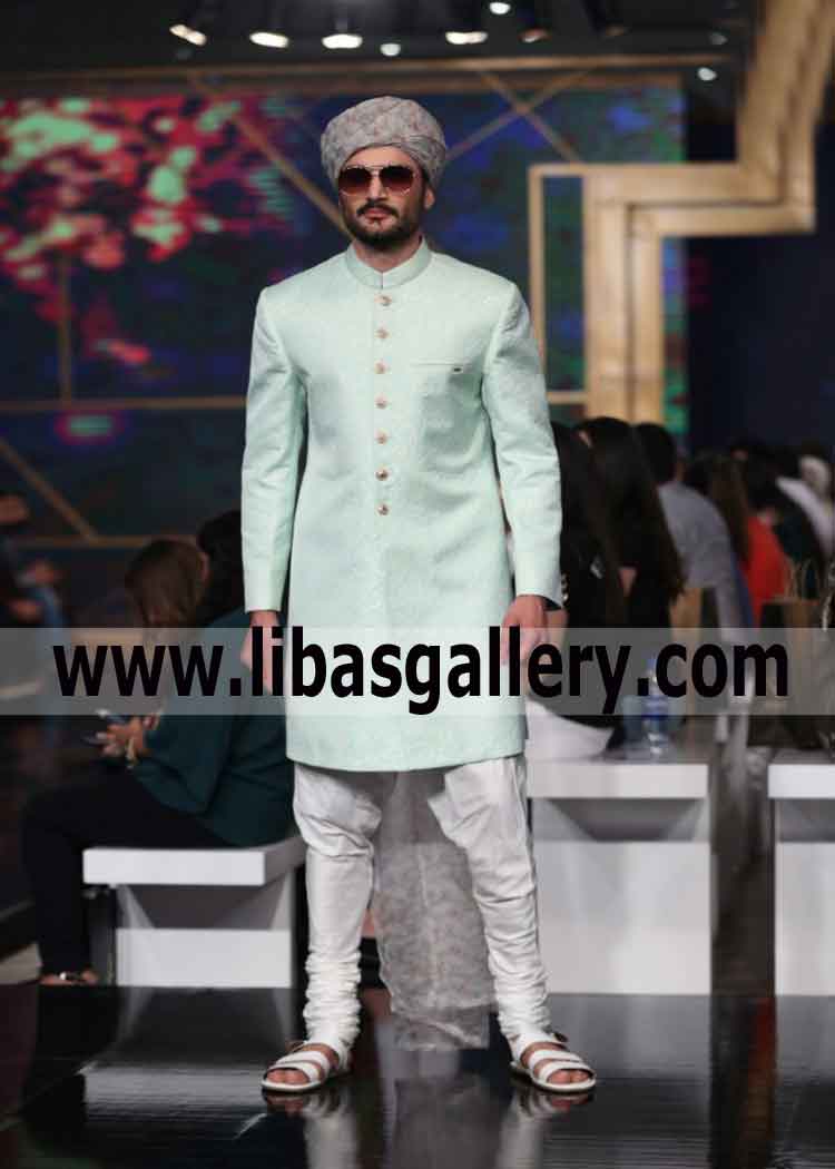 Jamawar plain men’s sherwani light powder color for summer and winter season wedding Chicago Washington USA Jamawar plain men’s sherwani light powder color for summer and winter season wedding Chicago Washington USA